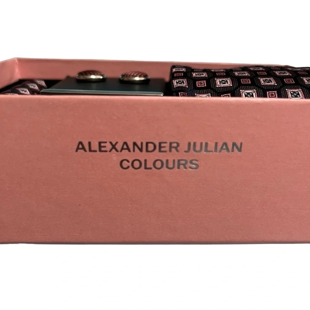 NWT Alexander Julian Colours Boxed Tie Set Handmade Tie Hanky Tie Bar Cuff Links